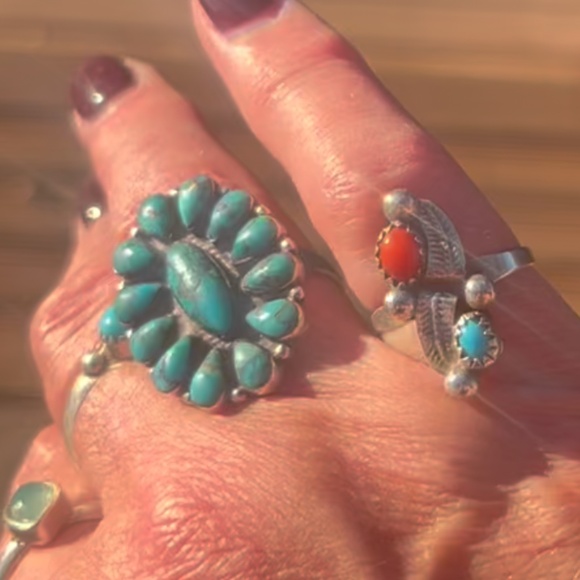 SIGNED STERLING TURQUOISE  RED CORAL RING - SZ  6 1/4 - Picture 9 of 9